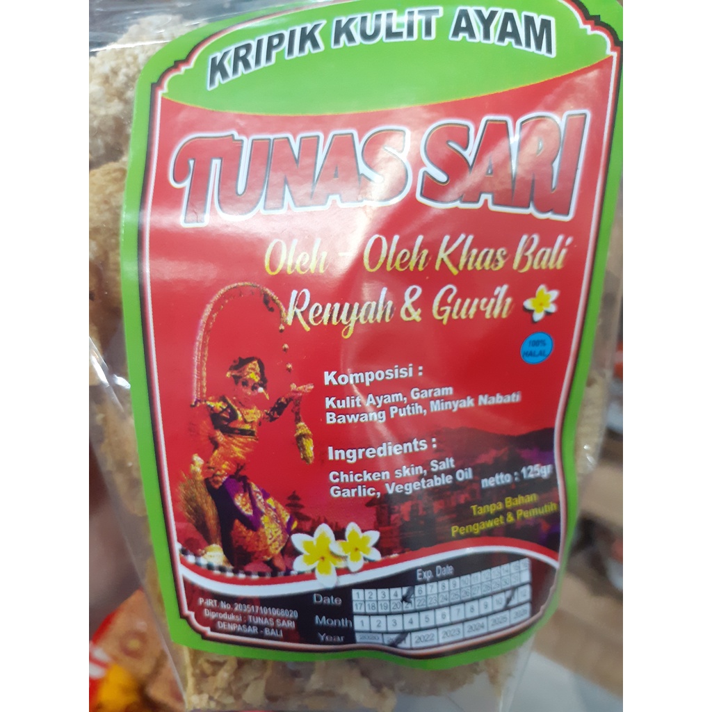 KRIPIK KULIT AYAM CRISPY DAN GURIH “TUNAS SARI” OLEH-OLEH KHAS BALI 125GR KEMASAN BESAR