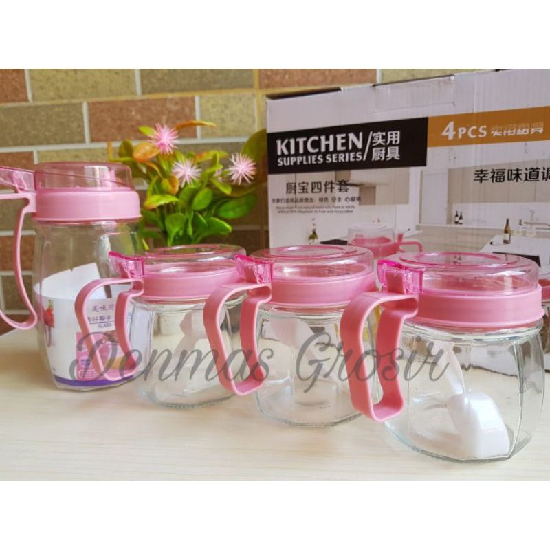 (TERMURAH) Bayar Di Tempat Kitchen Jar Set 4pcs FREE BUBBLE+KARDUS / Tempat Bumbu+minyak/Kaca tebal