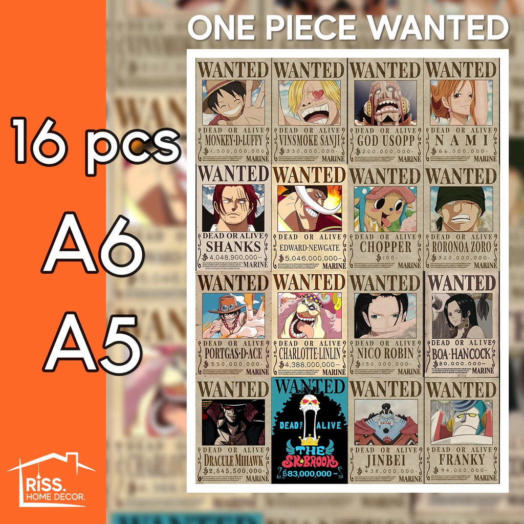Poster Wanted One Piece Anime 16 Pcs / Dekorasi Dinding Kamar / poster A6 A5