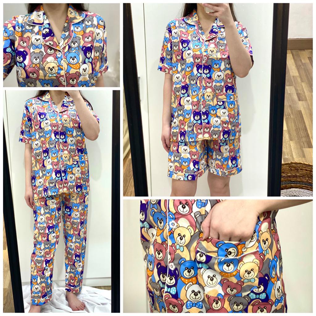 One Set Piyama Karakter Motif Bear / Daster Wanita Karakter Katun Eropa / Setelan & Dress Rumahan Ke