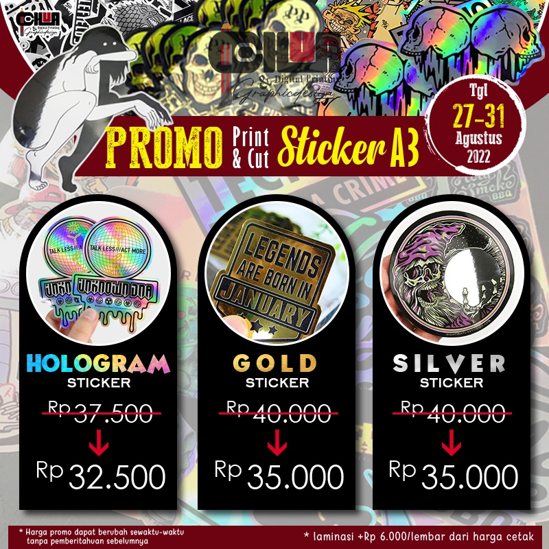 

PROMO STIKER print and cut A3 - PROMO 3 hari (Hologram, Gold, SIlver)