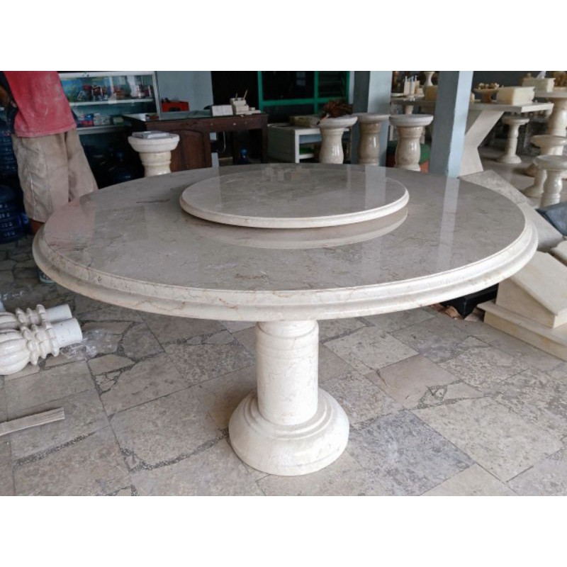 Meja Makan Putar Marmer dan 6 Kursi Marmer