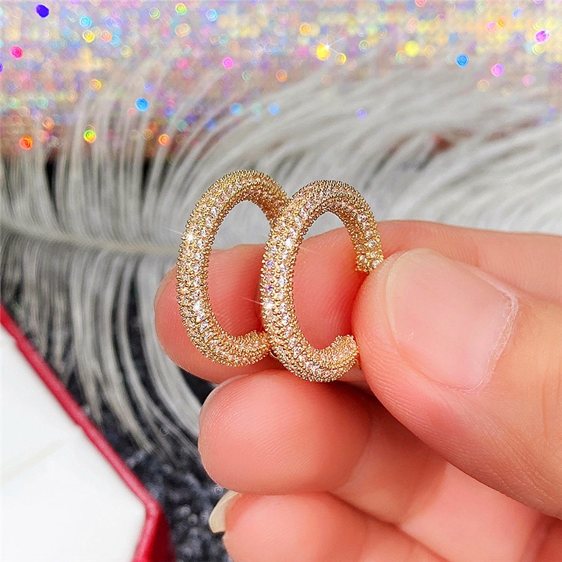 Anting Hoop Cubic Zirconia Bentuk Lingkaran Warna Emas Bling Untuk Wanita