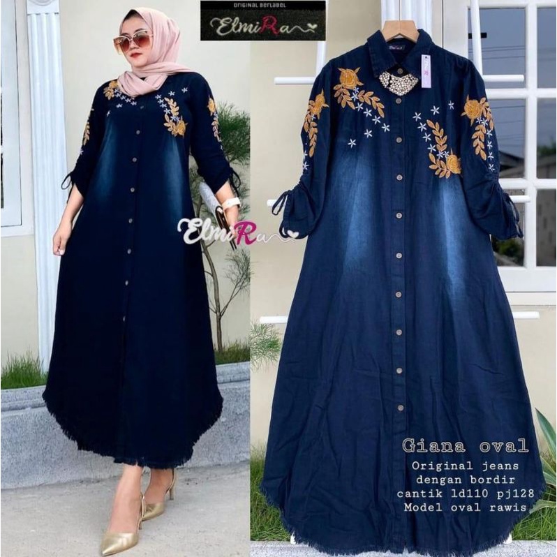 Giana Midi Dress Maxy Gamis Polos Hitam Jeans Bordir Bunga Ld 110 Jumbo Fit XXL Busui Kancing Lengan