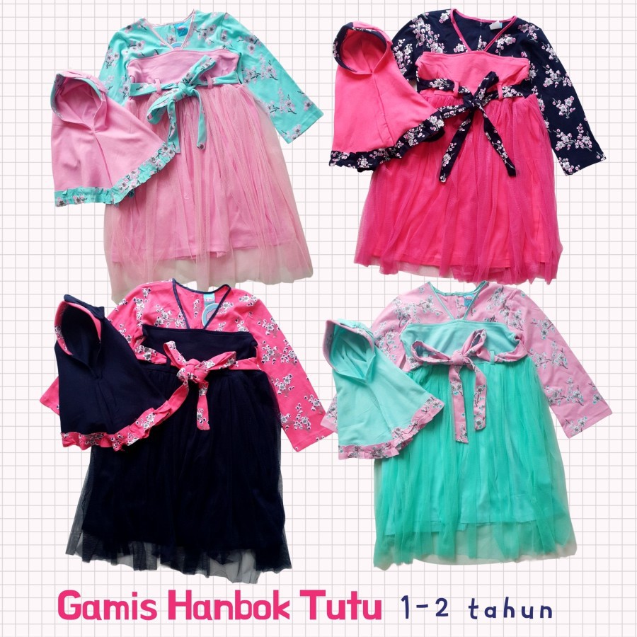 Baju Muslim Anak Perempuan Gamis Tutu Tile Hanbok Korea Allsize Utk Sekitar Usia 1 - 2 tahun
