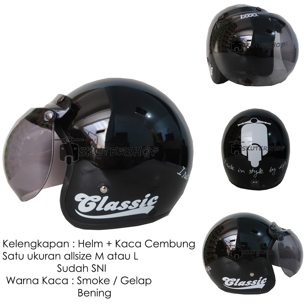 Andriawanhs Helm Bogo Retro Klasik JPN Vespa Classic Hitam Glossy Motif Putih Kaca Bogo Cembung Ori