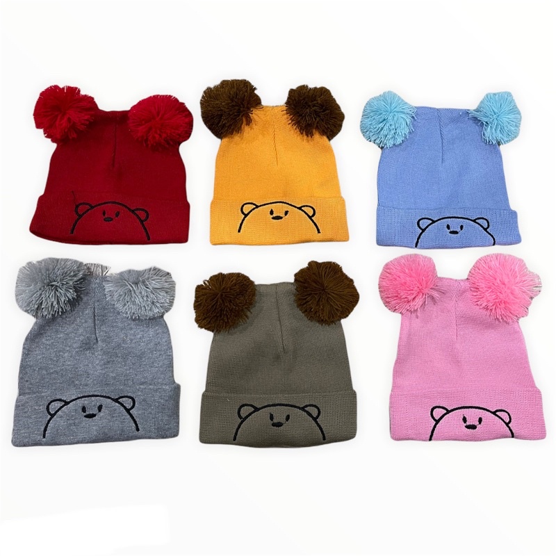 Topi Pom Pom Bordir Bear / Kupluk Pom Pom Bordir Bear