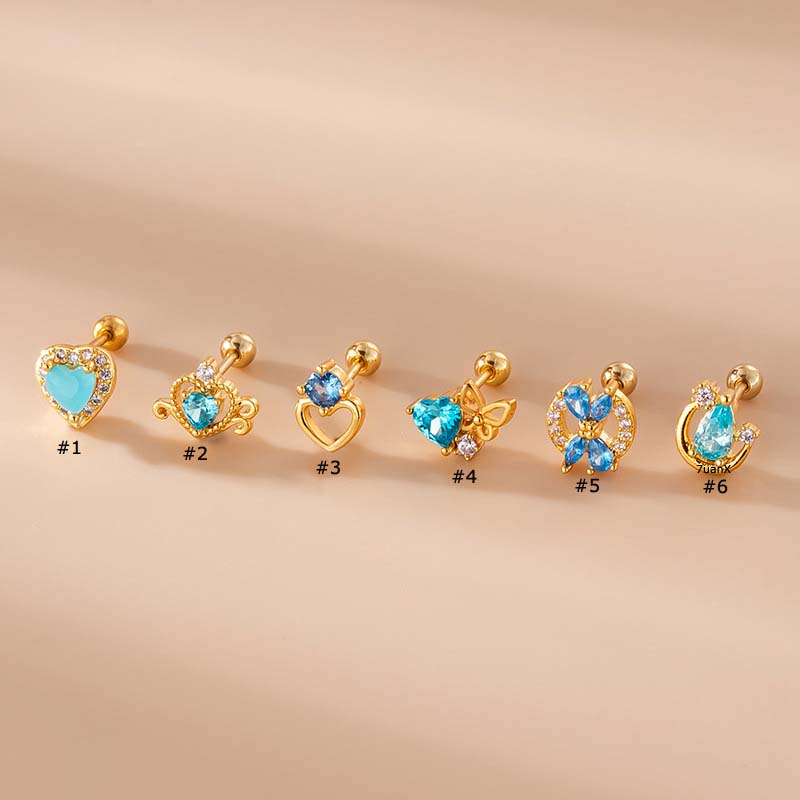 1 Pc Anting Stud Zircon Bentuk Hati Bahan Stainless Steel Warna Biru