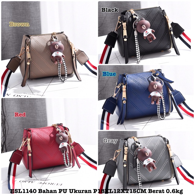 2 Tas 1 Kg  ESL1140 Tas Import Selempang Zipper Sew Diagonal Stripe Strap Boneka brown Bear Line