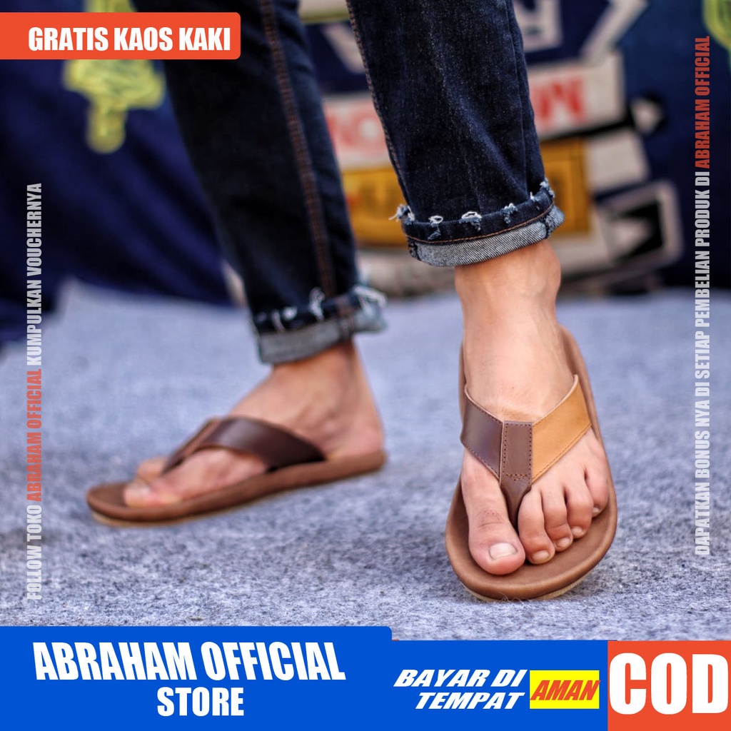 ABRHM X JAVIT Sandal Jepit Pria Sandal Pria Kulit Asli Sendal Cowok Keren Sandal Cowo Kekinian Ori