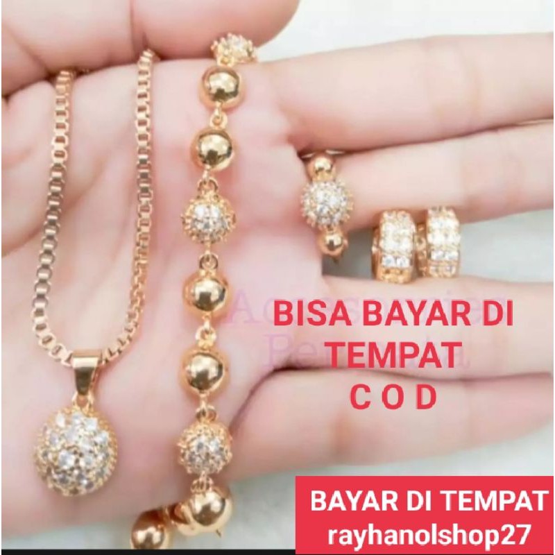 SET PERHIASAN WANITA TITANIUM MOTIF PILIHAN PERMATA LENGKAP LAPIS EMAS 24 K