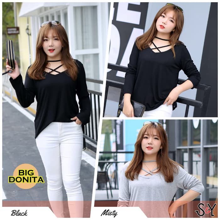discon Big Donita Lengan Panjang Blouse Big Size Baju Atasan Wanita Jumbo kuliah,kerja,kantor,pesta