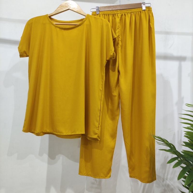 BAJU TIDUR POLOS PIYAMA POLOS CELANA PANJANG LENGAN PENDEK BAHAN RAYON babbydoll-POLOS KUNING