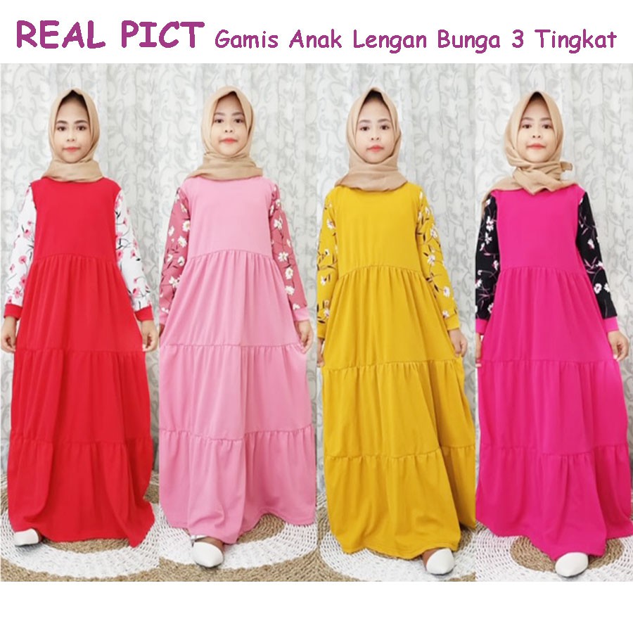 GAMIS ANAK SOLEHA 4-12tahun LENGAN BUNGA KERUT 3 TINGKAT CARLINA