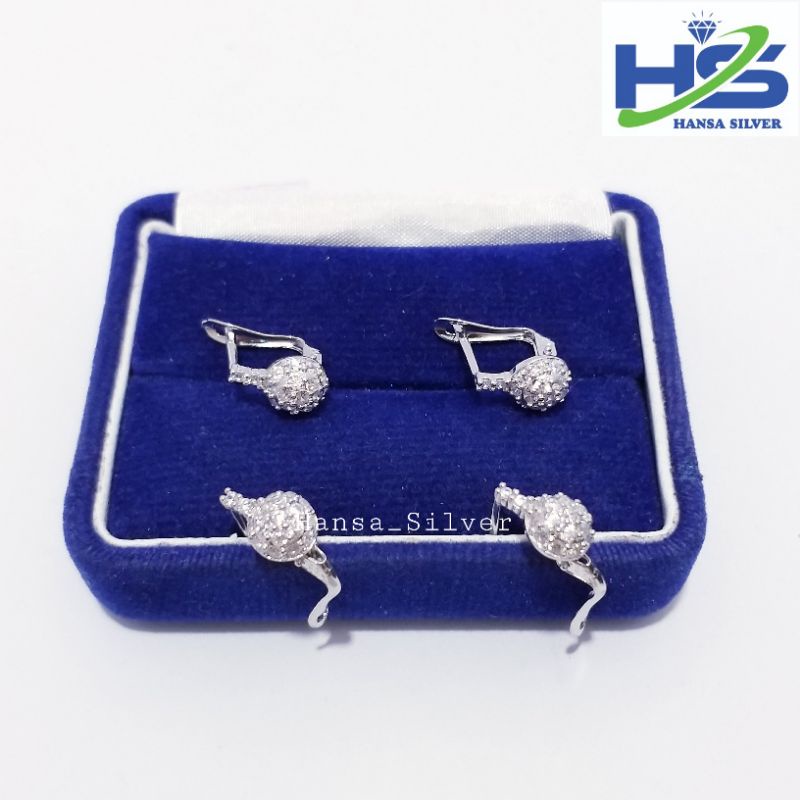 Anting Perak Asli Silver 925 Lapis Emas Putih Model Jepit Bandul Permata - Anting Wanita Anti Karat