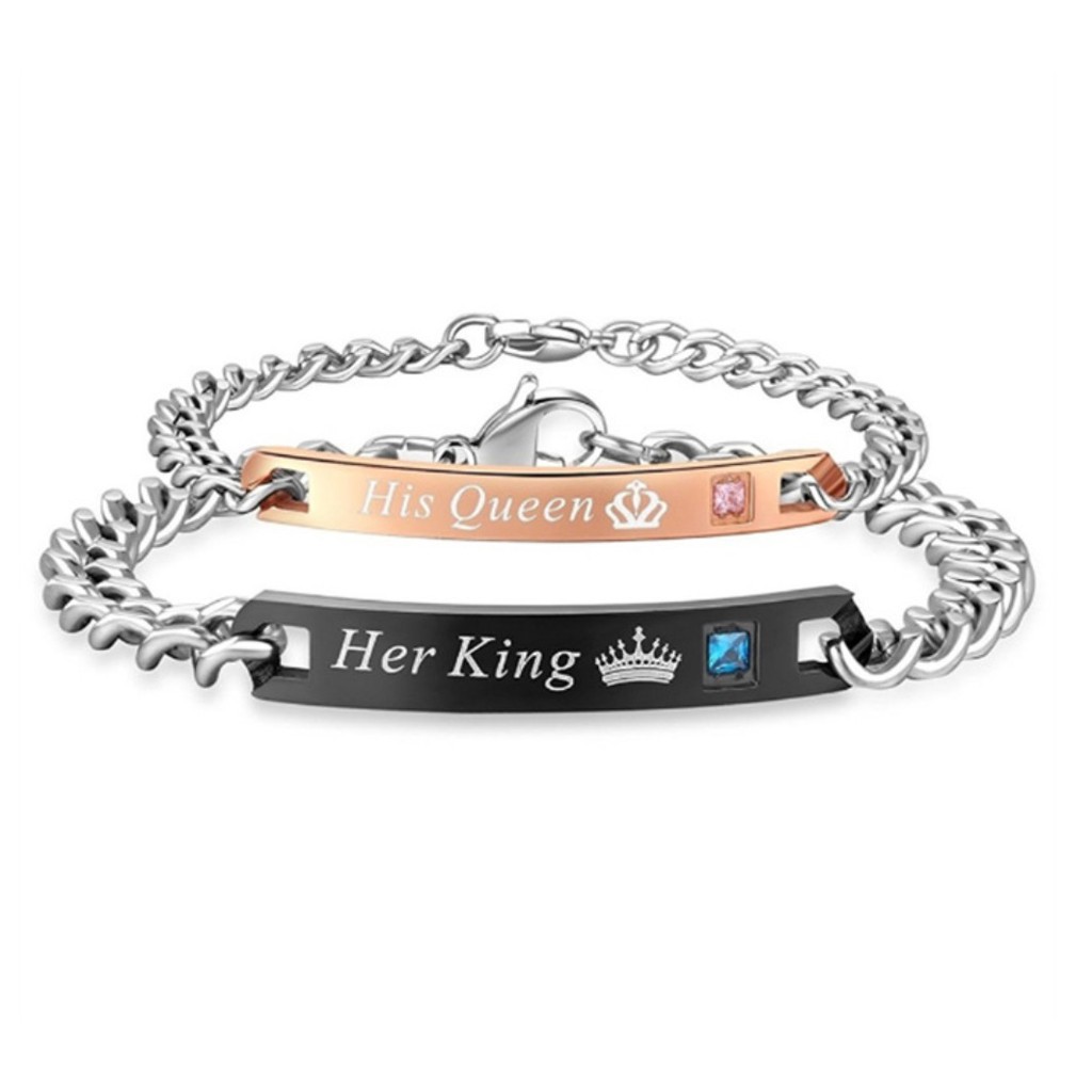 Gelang Pasangan Couple Bahan Stainless Steel Motif His Queen Her King untuk Pria / Wanita