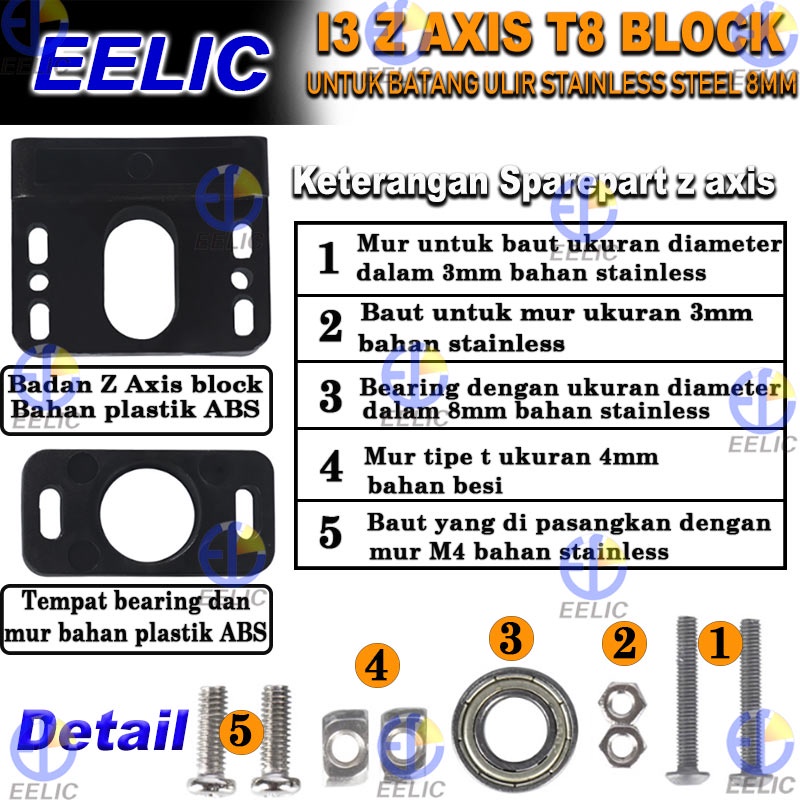 EELIC IZA-PLZT8 I3 z axis t8 block dengan bearing 8 mm dan mur baut 3d printer