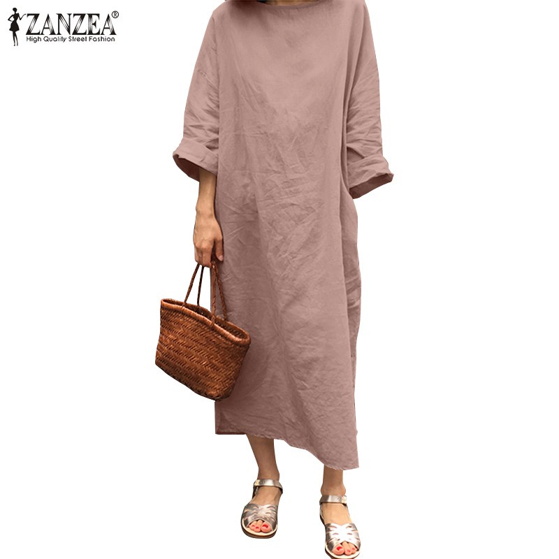 ZANZEA Women Vintgae Short Sleeve Solid Color Loose Long Dress