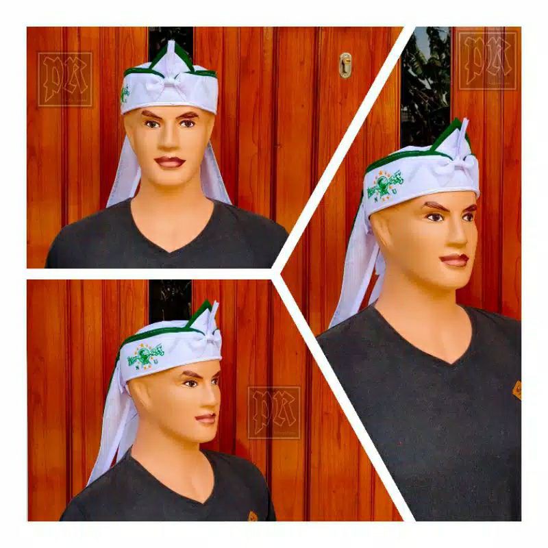 Iket Blangkon Bendo Putih Bordir Logo NU Lis Hijau Atas