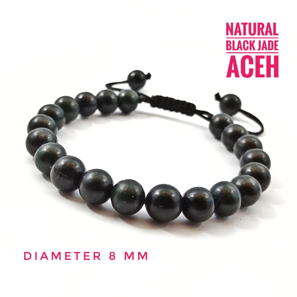 Gelang Terapi Kesehatan Natural Black Jade Aceh Dim 8 Mm Model Tali Serut Shambala