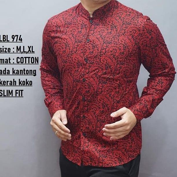 Kemeja Batik Pria Slim Fit Merah / Baju Batik Pria Cheongsam Lbl974