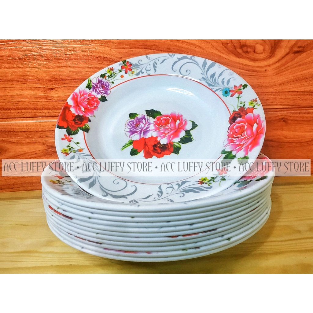 PROMO 1 LUSIN PIRING MAKAN MELAMIN HUGIKO "9 MOTIF BUNGA TEBAL &TAHAN PANAS