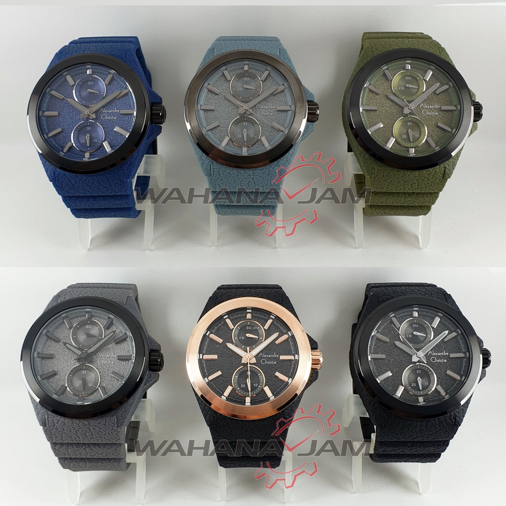 Alexandre Christie AC 6585 MF / Jam Tangan Pria AC6585 Rubber Karet Multifungsi Biru Hitam Rosegold