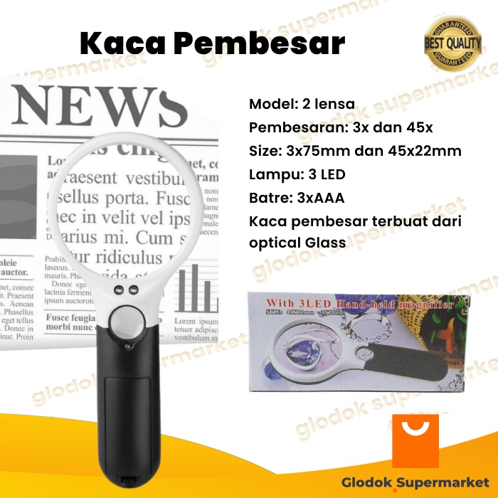 Kaca Pembesar 3 LED 2 Kaca 3x 45x Pembesaran Magnifier 6902AB