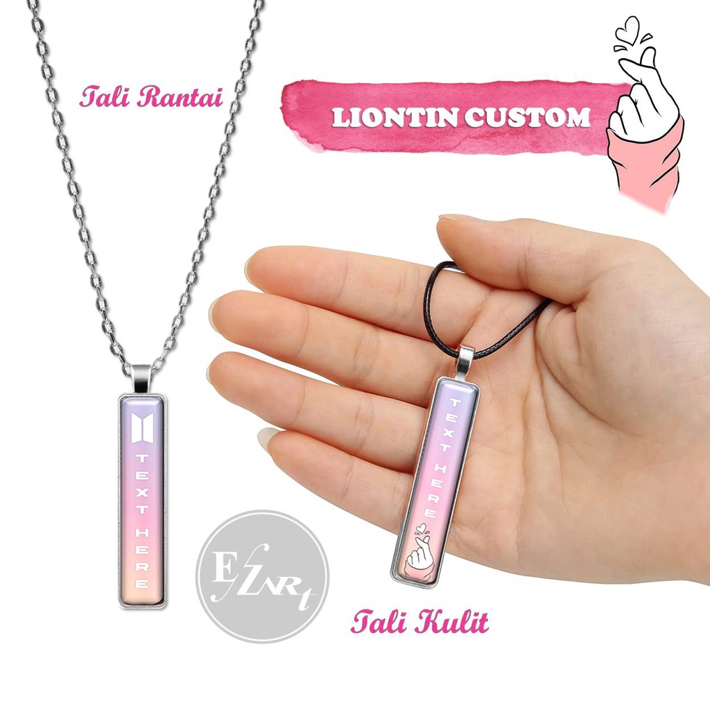 KALUNG LIONTIN CUSTOM NAMA LOGO SARANGHAE BTS LIONTIN KACA PERSEGI PANJANG TALI KULIT RANTAI STAINLE