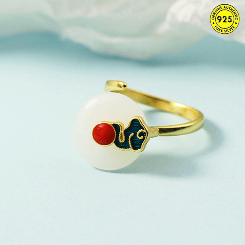 Cincin Enamel Desain Xiangyun Jade Hetian Gaya China Retro Untuk Wanita