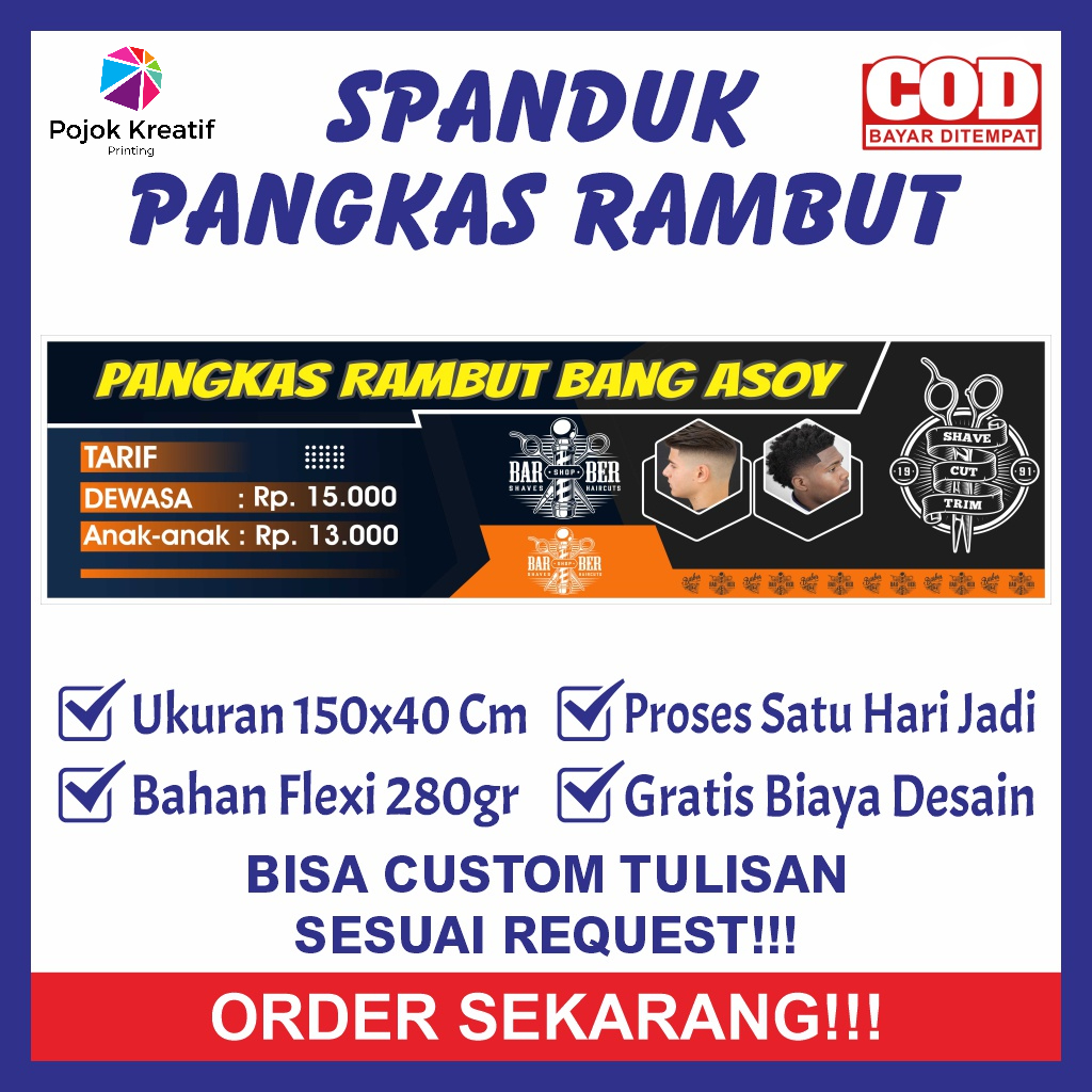 Spanduk Sepanduk Banner Baner Bener Backdrop Plang Promosi Usaha Cukur Pangkas Rambut Pria Ukuran 15