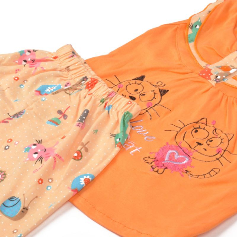 Setelan baju anak perempuan 1 tahun motif love cat (sr.146) free tas warna orange fanta pink