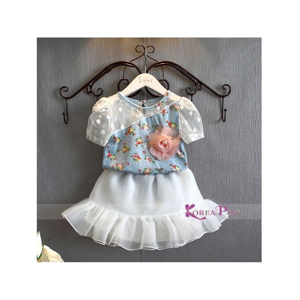 Korea Pink Set-Blue Flowery / Setelan Anak Cewek / Kid Set / Baju Anak