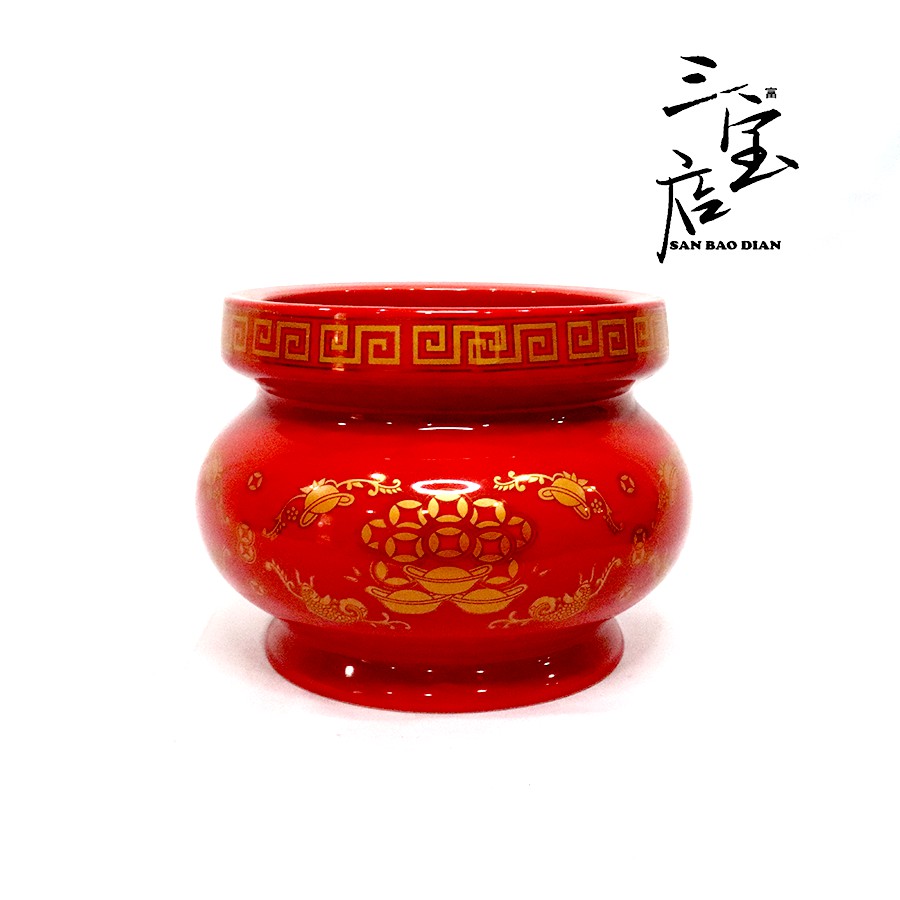 Hiolo keramik bulat 5 inch motif Yuan Bao warna merah / Tempat Dupa / Tempat Bakar Dupa / Hiolo / hi