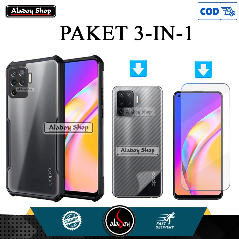 PAKET Case Oppo Reno 5F 2021 New Shockproof Transparent Casing + Tempered Glass Clear + Skin Carbon