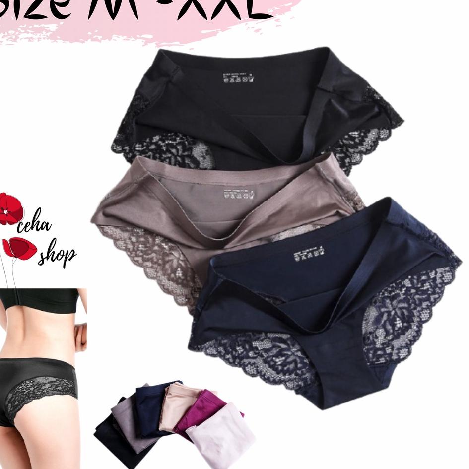 CJV M - 2XL Celana Dalam Wanita Renda Cewek Brokat Jumbo Pakaian Dalam Seamless Import Satin Sexy↑♚ 