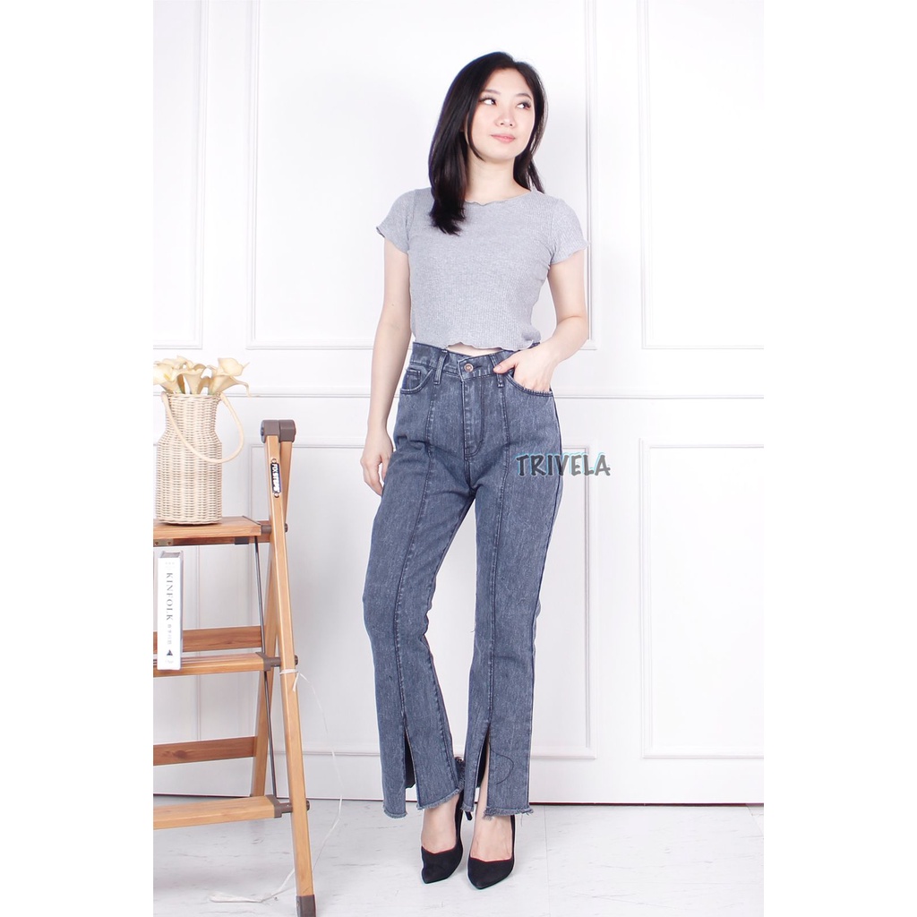 TRIVELA (FREE BELT) - Celana Jeans Wanita / Celana Jeans Wanita Cutbray Belah / Celana Jeans Boyfriend Elina Jumbo