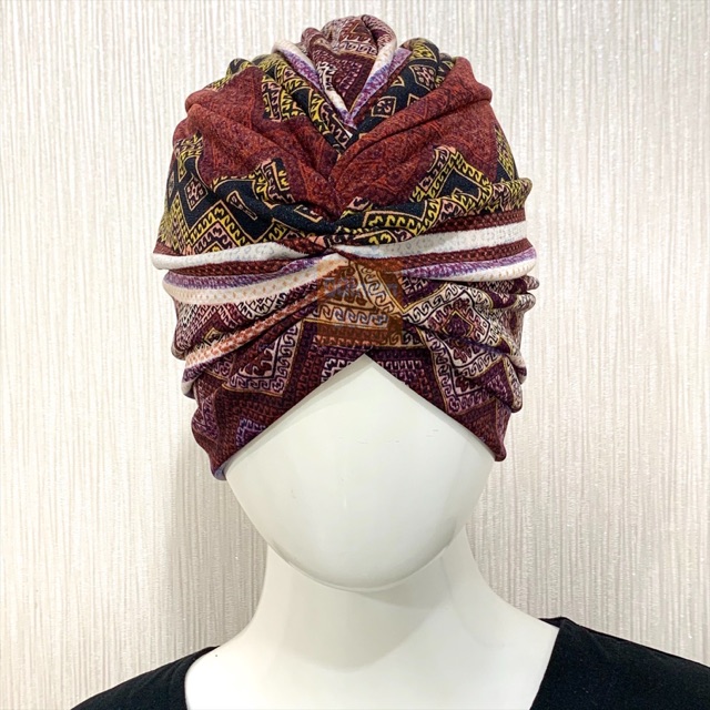 Turban Hijab Instan Instant QQinian Wanita Dewasa Fashion Muslim Motif Etnik Batik Coklat Grosir