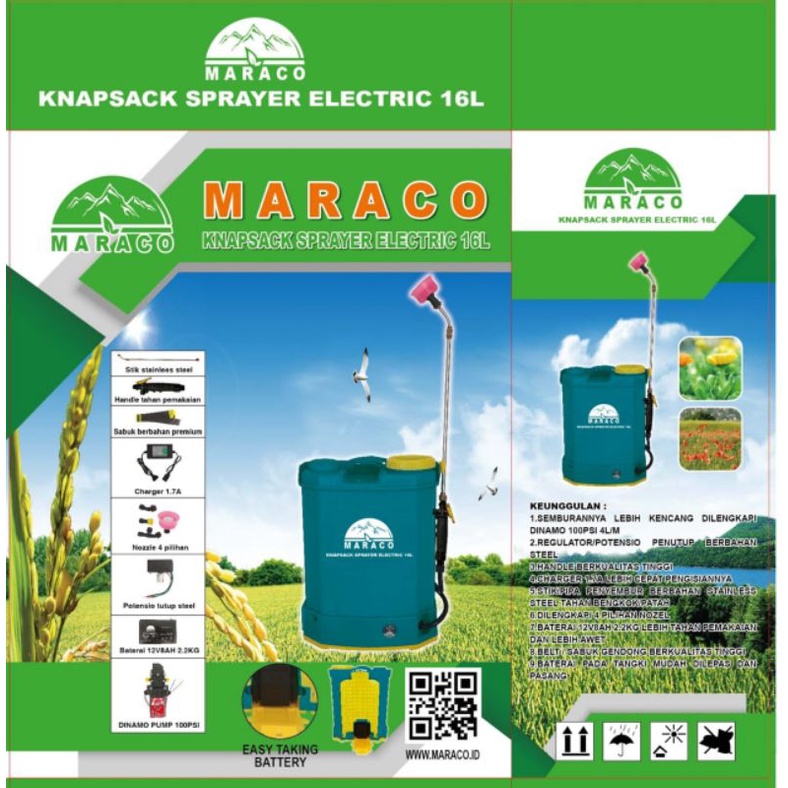 POMPA MARACO - 16 ELEKTRIK ( SPRAYER 16 LITER / KUALITAS TINGGI / SEMBURAN KENCANG / BATERAI TAHAN )