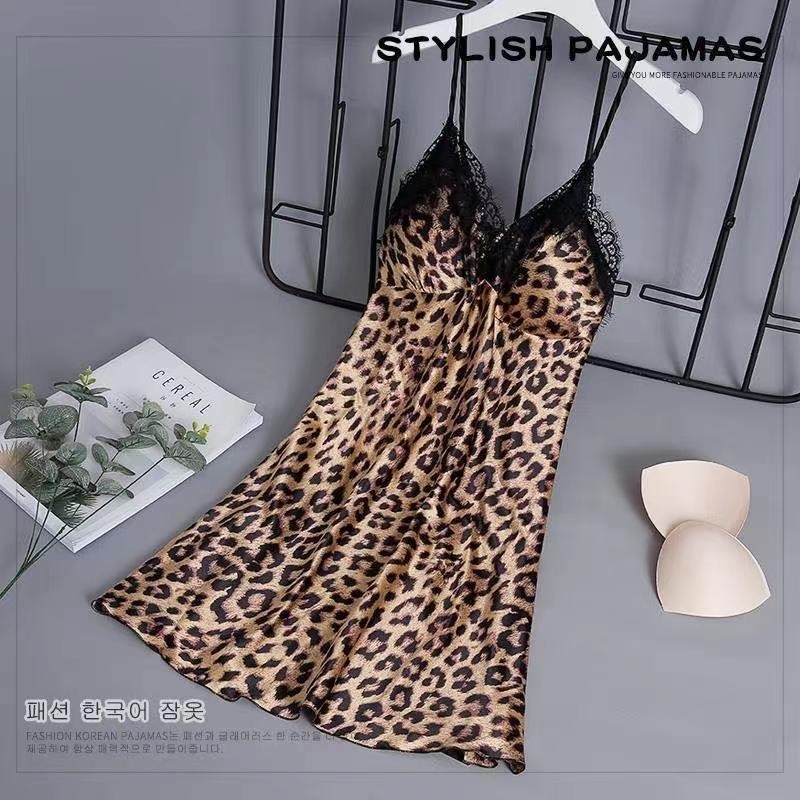 Lingeri Daster Leopard Renda Import Sexy + CUP BRA / Baju Tidur Terusan Dress Satin