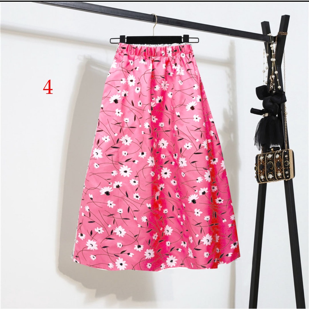 Rok midi a linea casual aneka motif berpinggang tinggi untuk wanita 865