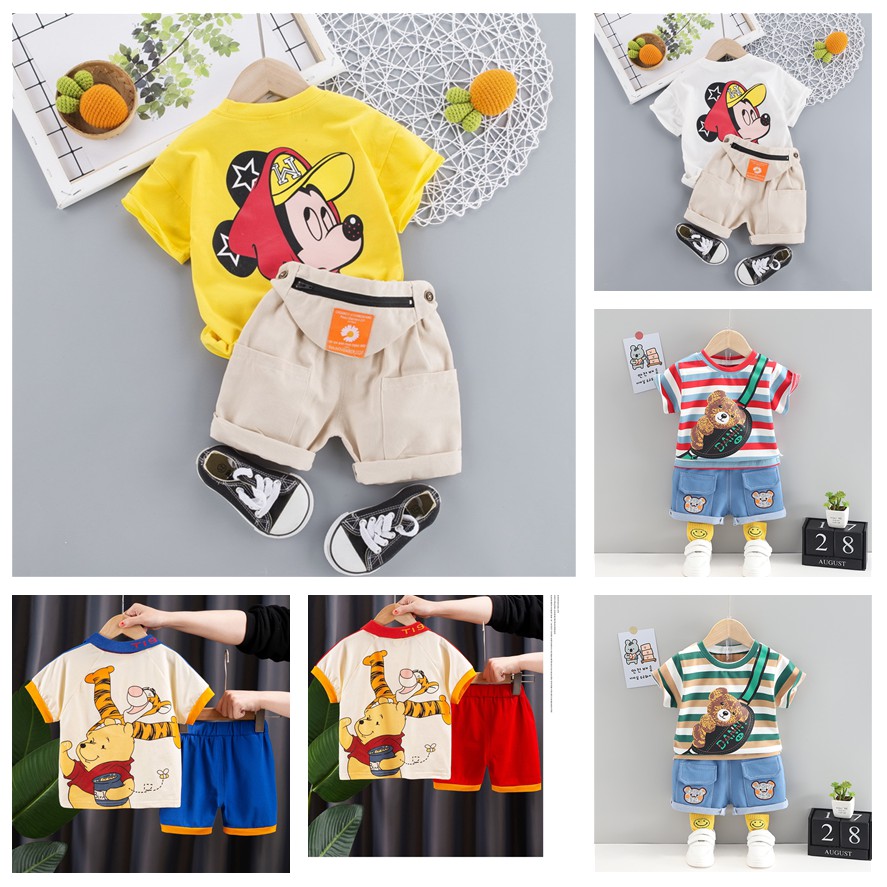 Setelan Import Kaos Tas Mickey/Bear Garis/Winnie The Pooh Anak Laki-Laki