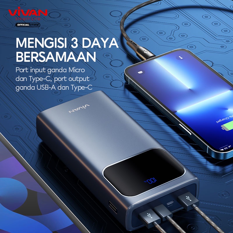 Powerbank 30000mAh VIVAN VPB-C30 3 Output Fast Charging 22.5W PD QC 3.0 VOOC Support Smartphone All Type-Garansi Resmi 18 Bulan