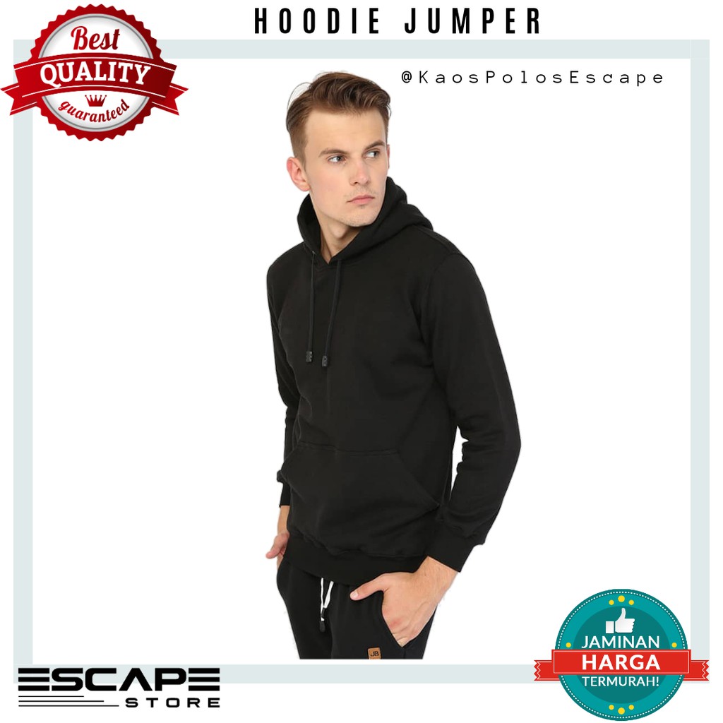 Jaket Polos Hoodie JUMPER M, L, XL, XXL Bahan Cotton Fleece  - HITAM