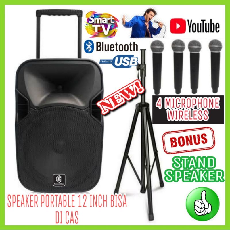 Speaker Portable 3R Audio 12 INCH Bisa Karaoke Di Smart Tv Youtube 4 Mic Wireless