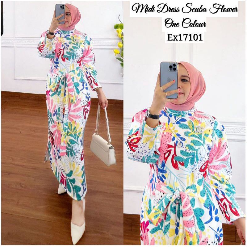 0EXTU-MIDI DRES SCUBA MOTIF FLOWER BY EXTU