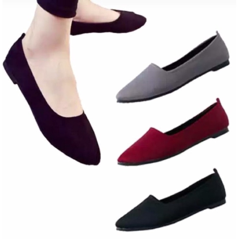 FLAT SHOES BK 01 SEPATU FLAT POLOS HITAM KULIT SINTETIS
