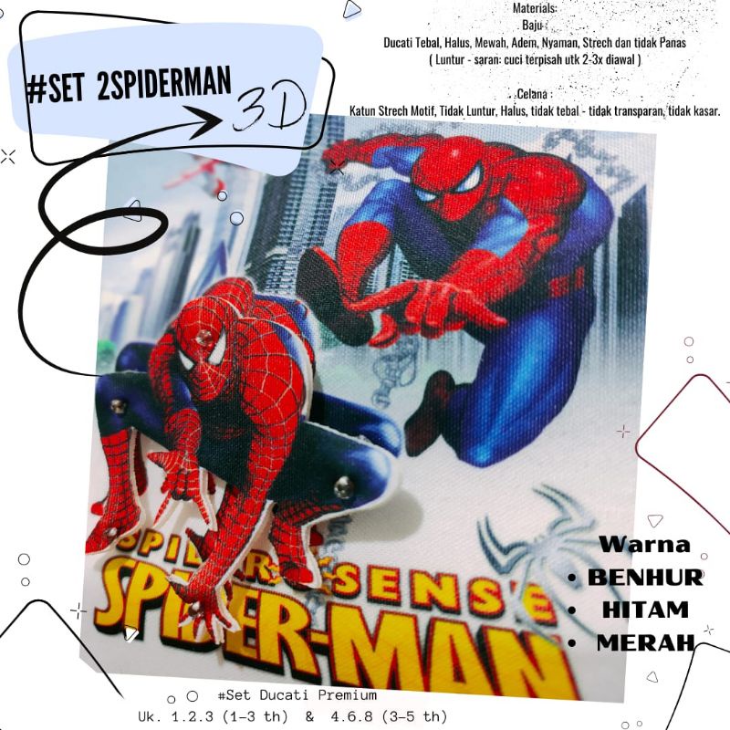 Setelan 3D anak laki-laki &quot;2Spiderman&quot; Size 1-5th bahan Ducati Katun Spandek Premium