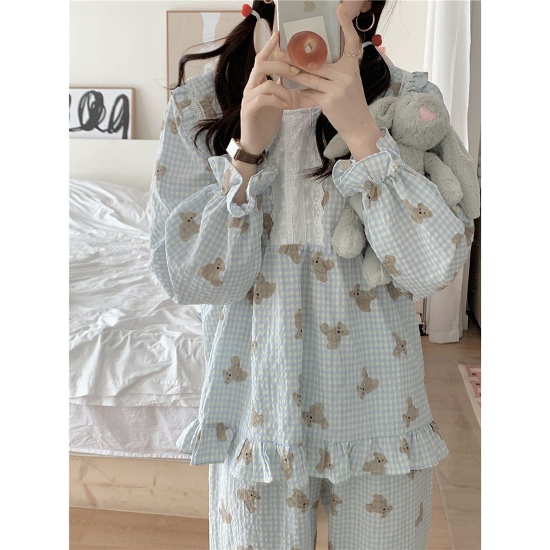 Piyama Wanita Musim Semi dan Musim Gugur Manis Renda Boneka Kerah Lengan Panjang Pakaian Luar Sesuai