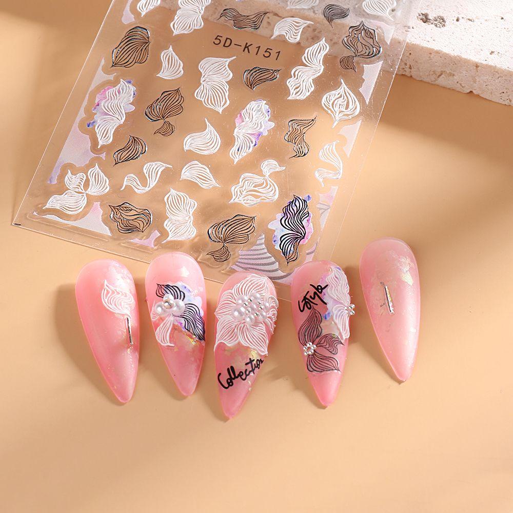 R-flower Nail Art Sticker Decals Akrilik Desain Ukiran Timbul Perekat Diri 5D Hollow